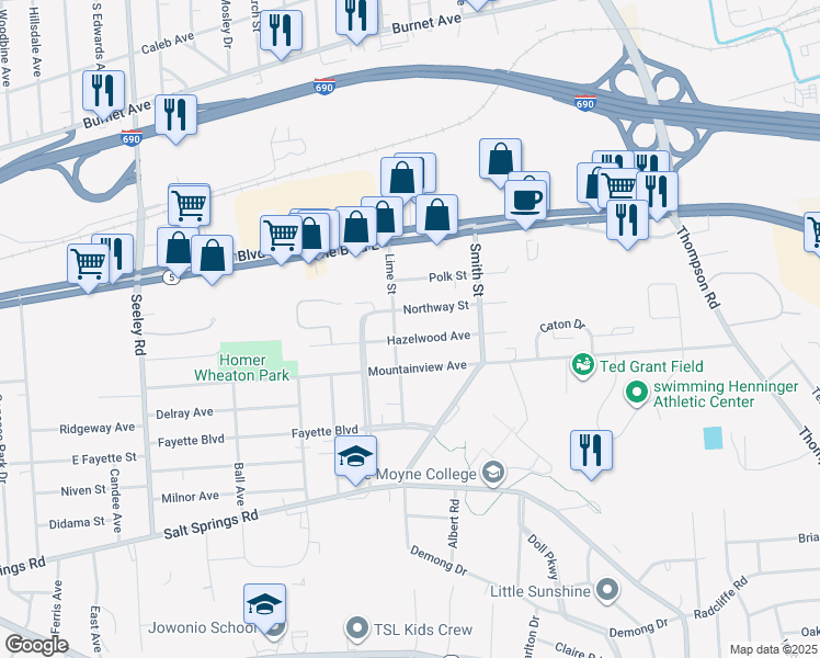 map of restaurants, bars, coffee shops, grocery stores, and more near 613 Mountainview Avenue in Syracuse
