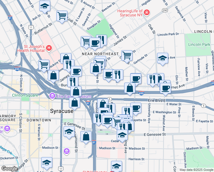 map of restaurants, bars, coffee shops, grocery stores, and more near Interstate 690 in Syracuse