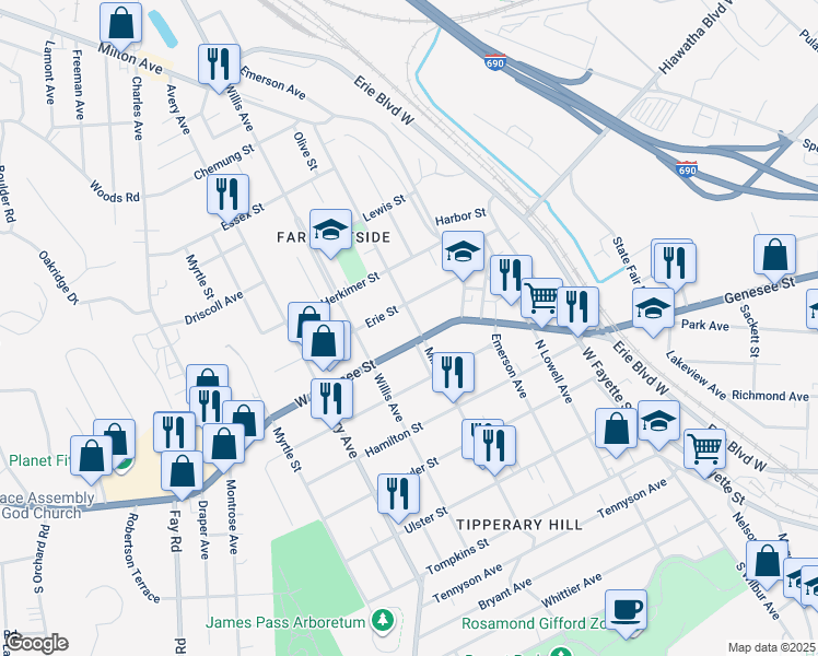 map of restaurants, bars, coffee shops, grocery stores, and more near 1711 West Genesee Street in Syracuse