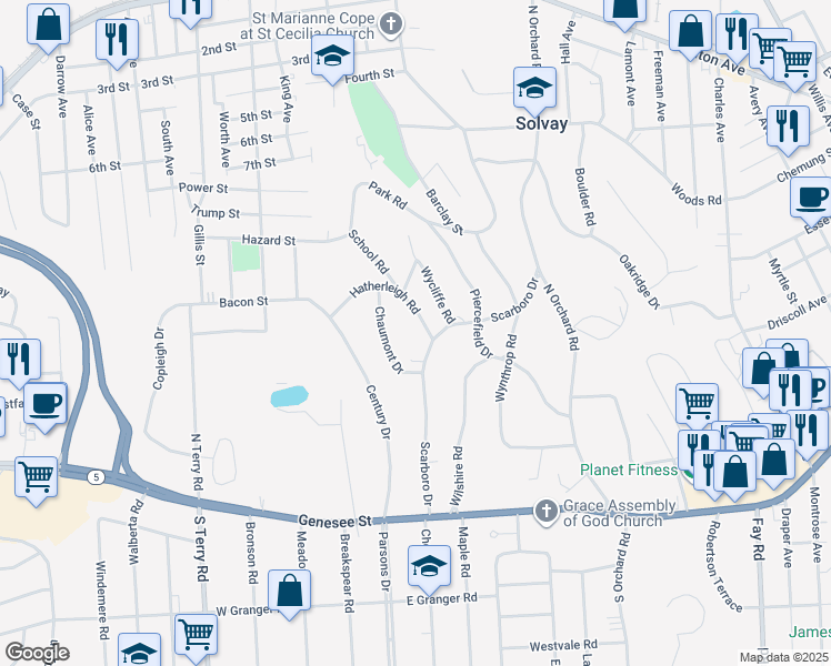 map of restaurants, bars, coffee shops, grocery stores, and more near 504 Scarboro Drive in Syracuse