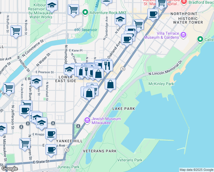 map of restaurants, bars, coffee shops, grocery stores, and more near 1633 North Prospect Avenue in Milwaukee