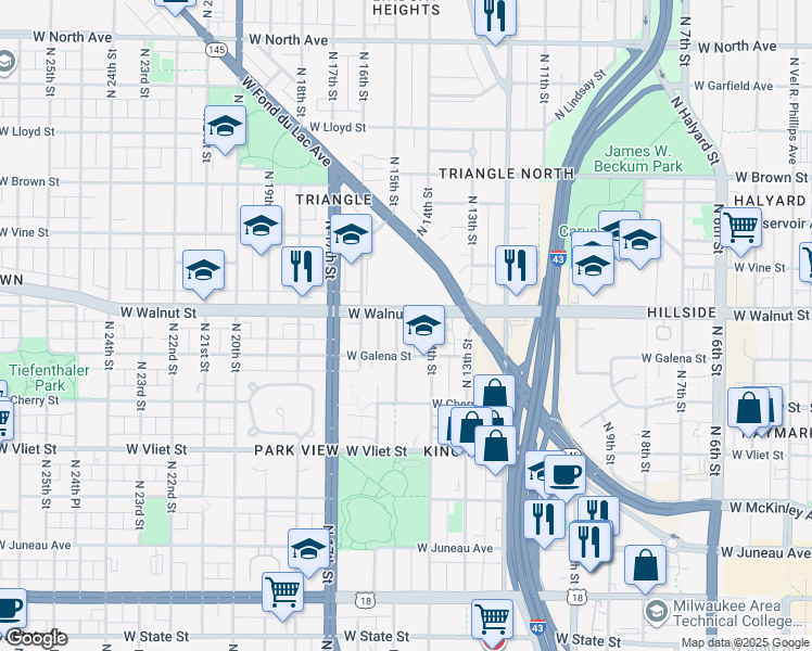 map of restaurants, bars, coffee shops, grocery stores, and more near 1606 North 15th Street in Milwaukee