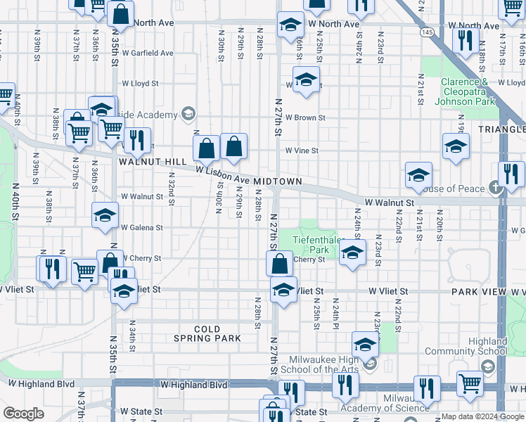 map of restaurants, bars, coffee shops, grocery stores, and more near in Milwaukee