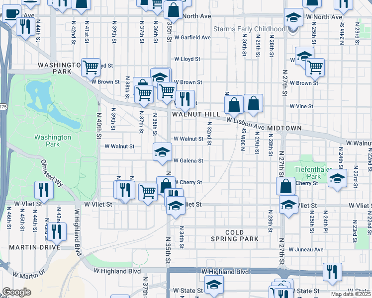 map of restaurants, bars, coffee shops, grocery stores, and more near 3307 West Galena Street in Milwaukee