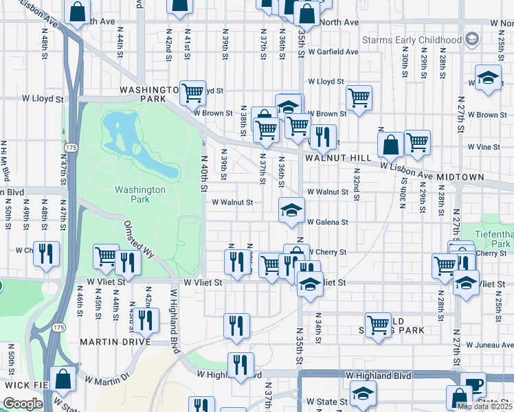 map of restaurants, bars, coffee shops, grocery stores, and more near 3705 West Galena Street in Milwaukee