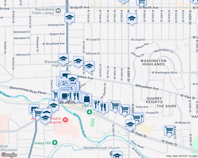 map of restaurants, bars, coffee shops, grocery stores, and more near 1529 Saint Charles Street in Wauwatosa