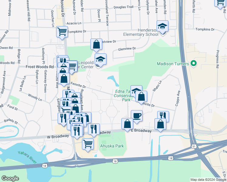 map of restaurants, bars, coffee shops, grocery stores, and more near 626 Femrite Drive in Monona