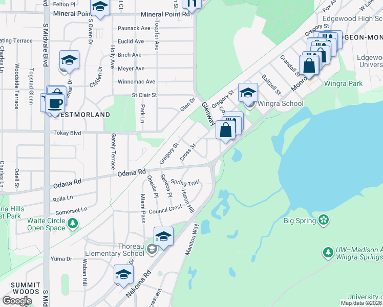 map of restaurants, bars, coffee shops, grocery stores, and more near 3630 Odana Road in Madison