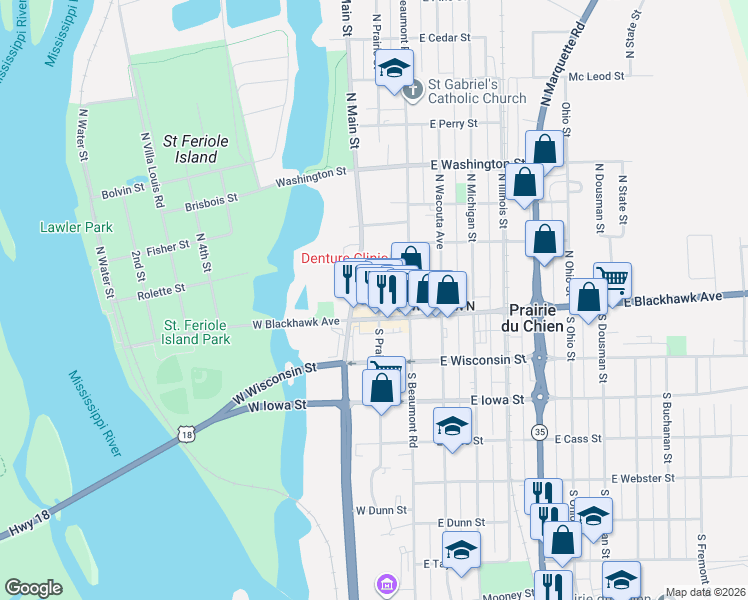 map of restaurants, bars, coffee shops, grocery stores, and more near 118 West Blackhawk Avenue in Prairie du Chien