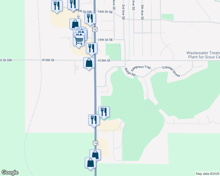 map of restaurants, bars, coffee shops, grocery stores, and more near 2306 Rivera Road in Sioux Center