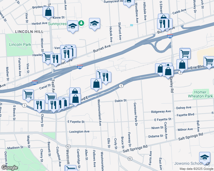 map of restaurants, bars, coffee shops, grocery stores, and more near 2015 Erie Boulevard East in Syracuse