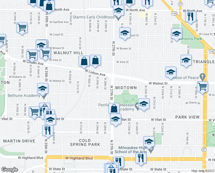 map of restaurants, bars, coffee shops, grocery stores, and more near in Milwaukee