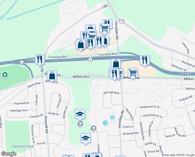 map of restaurants, bars, coffee shops, grocery stores, and more near Arlington Square in Camillus