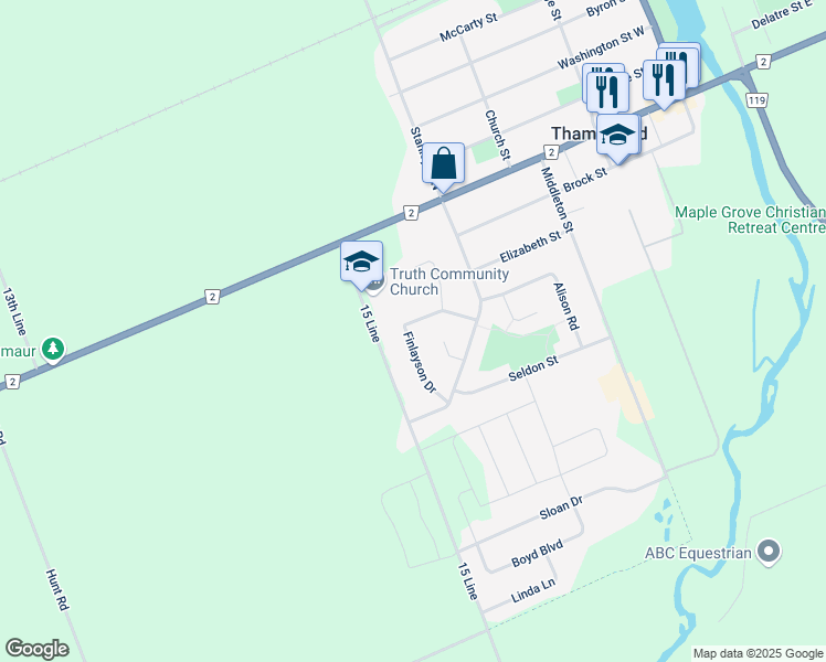map of restaurants, bars, coffee shops, grocery stores, and more near 29 Finlayson Drive in Thamesford
