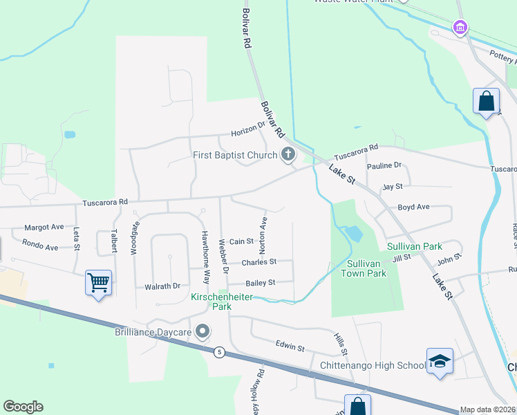 map of restaurants, bars, coffee shops, grocery stores, and more near 525 Tuscarora Road in Chittenango