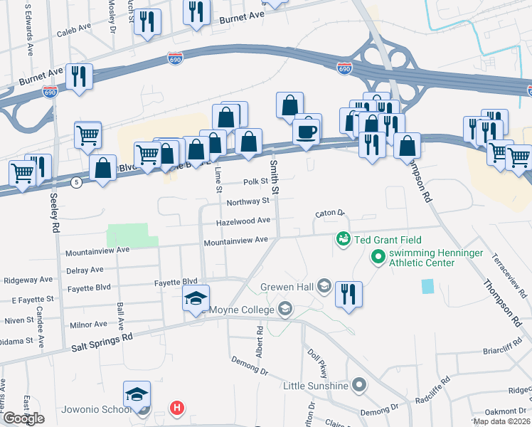map of restaurants, bars, coffee shops, grocery stores, and more near 905 Northway Street in Syracuse