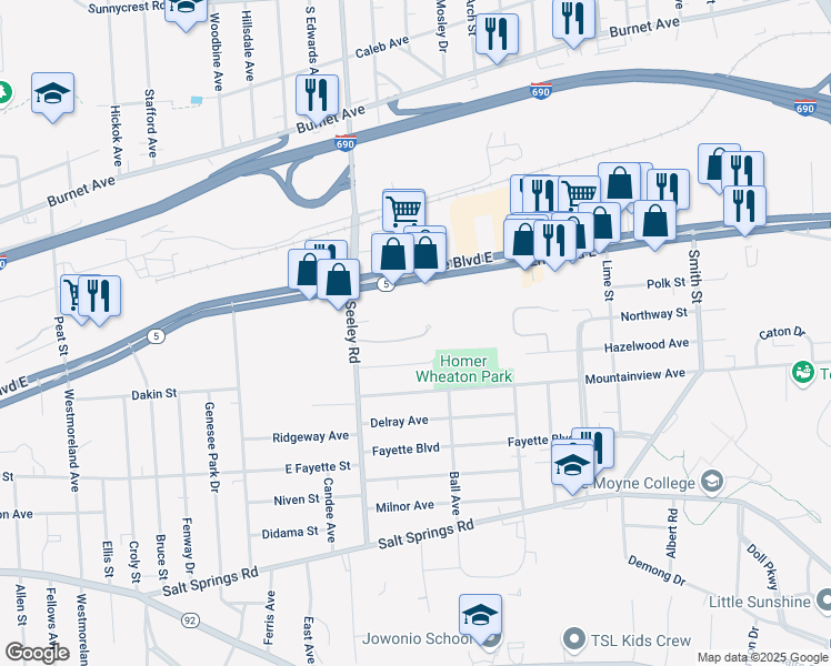 map of restaurants, bars, coffee shops, grocery stores, and more near 2576-78 Erie Boulevard East in Syracuse