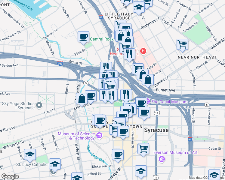 map of restaurants, bars, coffee shops, grocery stores, and more near 321 North Clinton Street in Syracuse