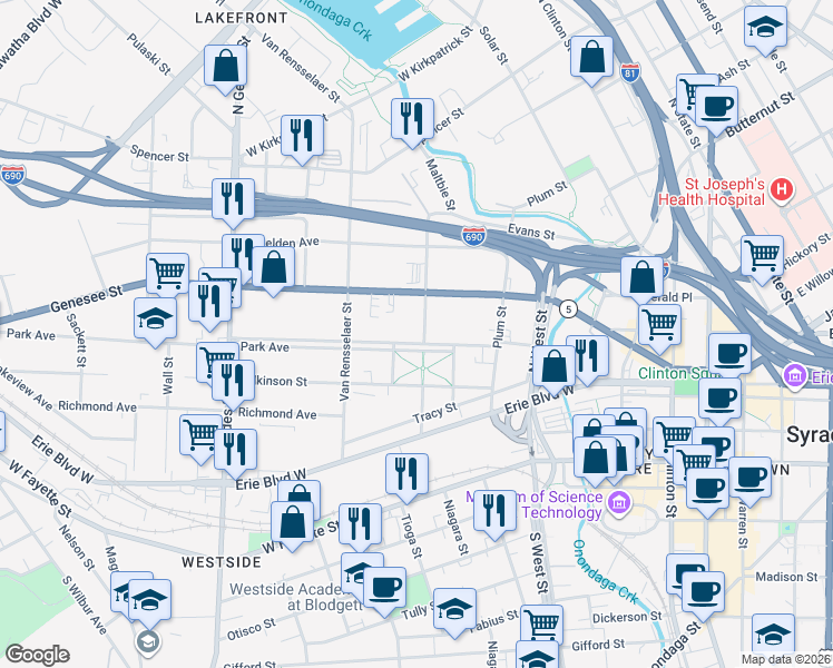 map of restaurants, bars, coffee shops, grocery stores, and more near 717 West Genesee Street in Syracuse