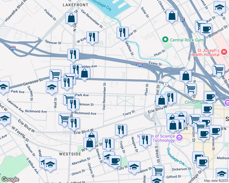 map of restaurants, bars, coffee shops, grocery stores, and more near 717 West Genesee Street in Syracuse