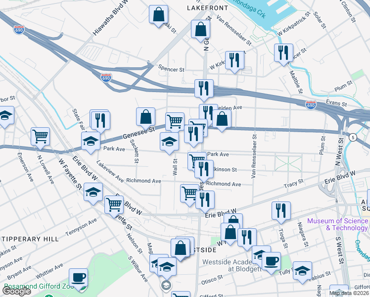 map of restaurants, bars, coffee shops, grocery stores, and more near 1001 West Genesee Street in Syracuse