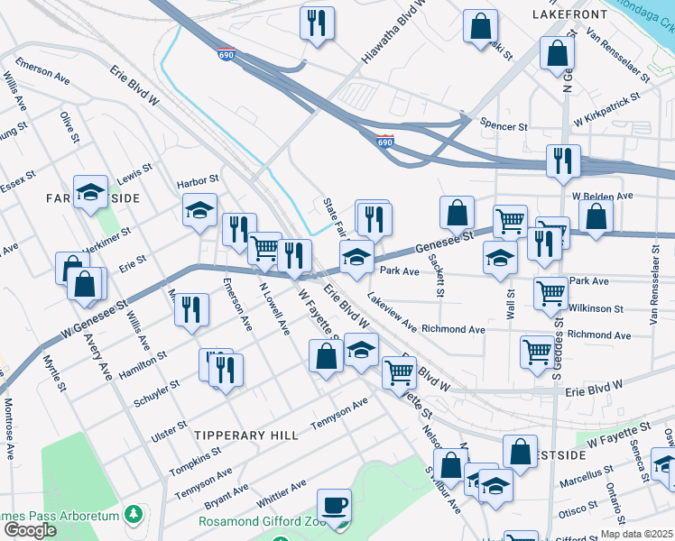 map of restaurants, bars, coffee shops, grocery stores, and more near 116-18 State Fair Boulevard in Syracuse