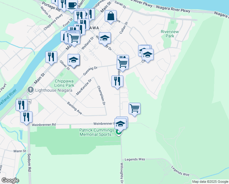 map of restaurants, bars, coffee shops, grocery stores, and more near 8614 Bell Crescent in Niagara Falls