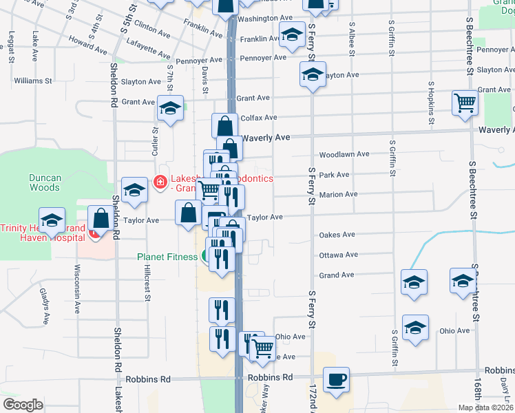 map of restaurants, bars, coffee shops, grocery stores, and more near 816 South Beacon Boulevard in Grand Haven