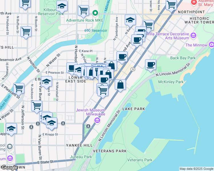 map of restaurants, bars, coffee shops, grocery stores, and more near 1348 East Brady Street in Milwaukee