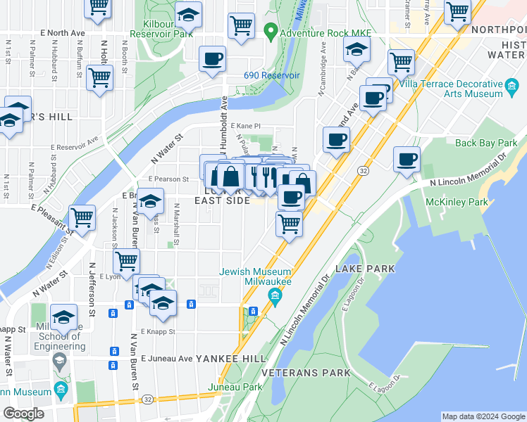 map of restaurants, bars, coffee shops, grocery stores, and more near 1240 East Brady Street in Milwaukee