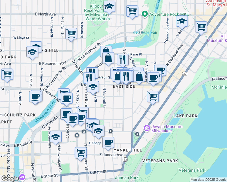 map of restaurants, bars, coffee shops, grocery stores, and more near 932 East Brady Street in Milwaukee