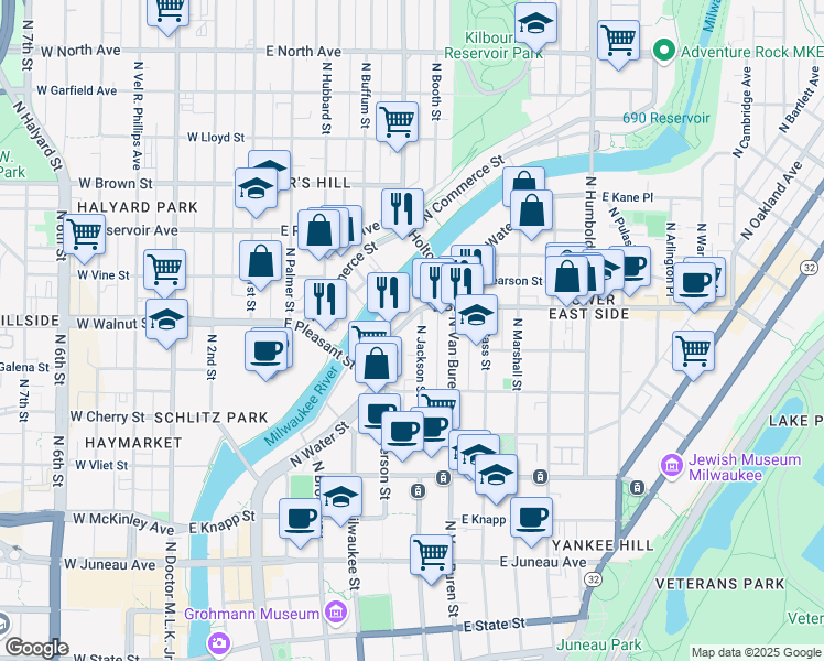 map of restaurants, bars, coffee shops, grocery stores, and more near in Milwaukee