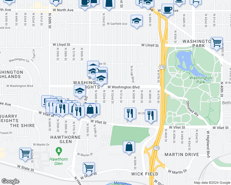 map of restaurants, bars, coffee shops, grocery stores, and more near 5110 West Washington Boulevard in Milwaukee
