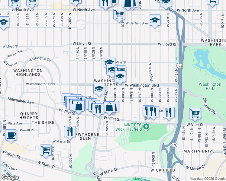 map of restaurants, bars, coffee shops, grocery stores, and more near 5318 West Washington Boulevard in Milwaukee