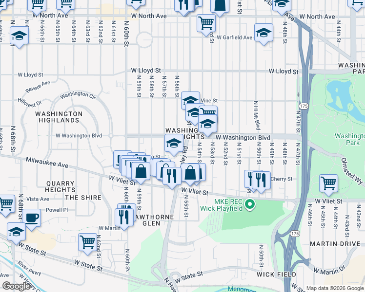 map of restaurants, bars, coffee shops, grocery stores, and more near 5512 West Washington Boulevard in Milwaukee