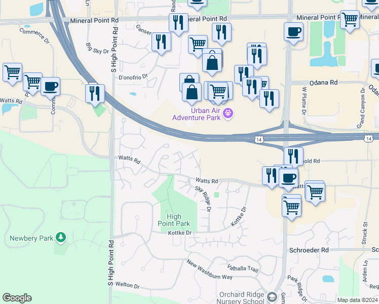 map of restaurants, bars, coffee shops, grocery stores, and more near West Beltline Highway in Madison