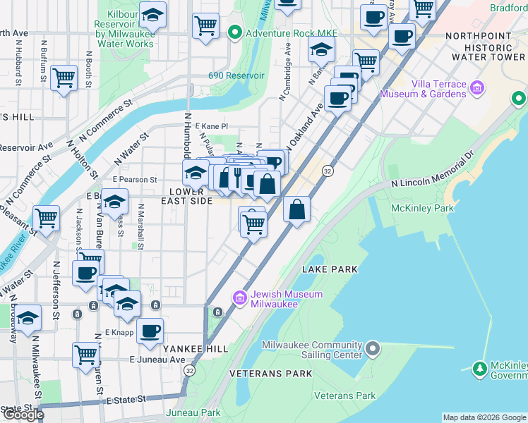 map of restaurants, bars, coffee shops, grocery stores, and more near 1639 North Farwell Avenue in Milwaukee