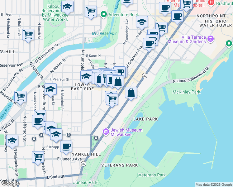 map of restaurants, bars, coffee shops, grocery stores, and more near 1639 North Farwell Avenue in Milwaukee