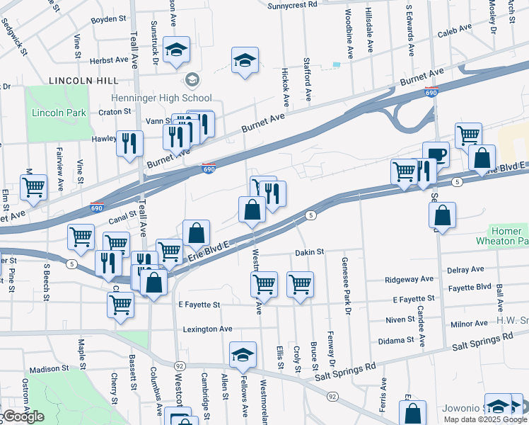 map of restaurants, bars, coffee shops, grocery stores, and more near 2015 Erie Boulevard East in Syracuse