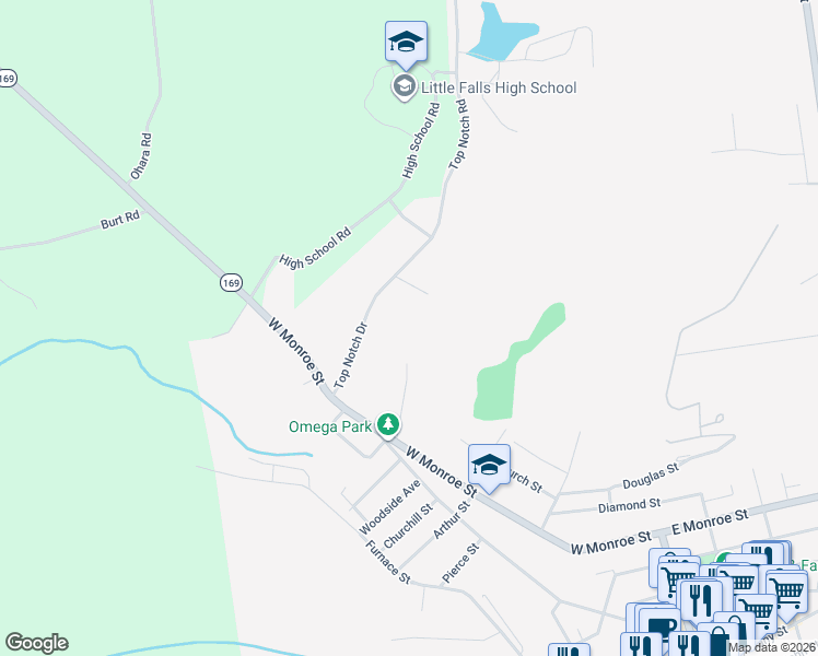 map of restaurants, bars, coffee shops, grocery stores, and more near 38 Top Notch Drive in Little Falls