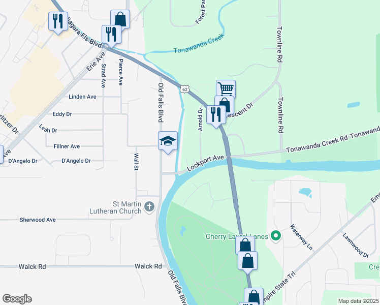 map of restaurants, bars, coffee shops, grocery stores, and more near 7676 Arnold Drive in North Tonawanda