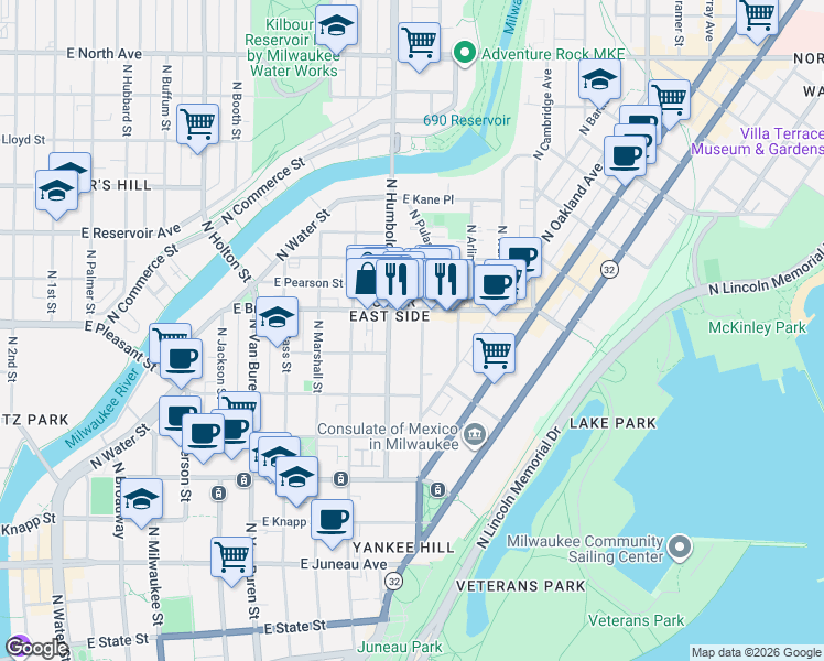 map of restaurants, bars, coffee shops, grocery stores, and more near 1675 North Franklin Place in Milwaukee