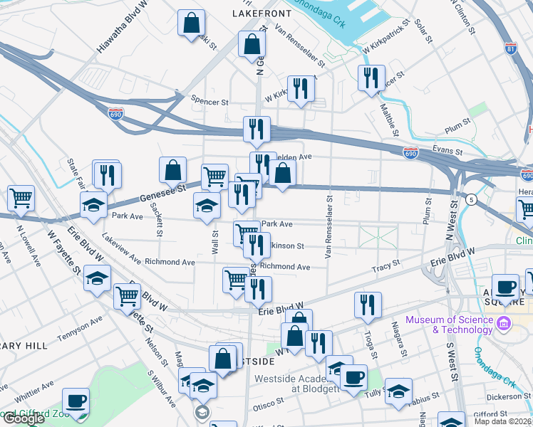 map of restaurants, bars, coffee shops, grocery stores, and more near 638 Park Avenue in Syracuse