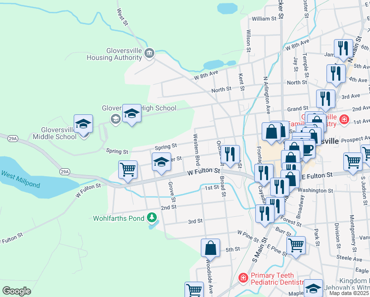map of restaurants, bars, coffee shops, grocery stores, and more near 164 Spring Street in Gloversville