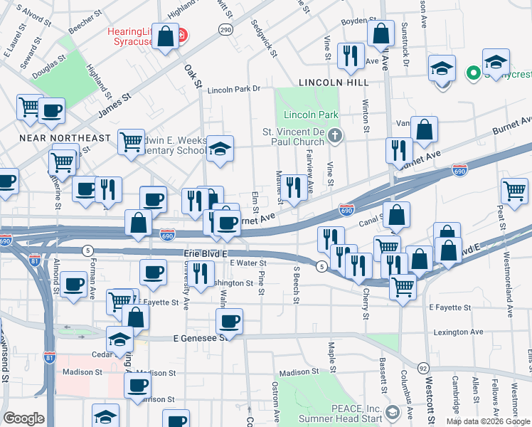 map of restaurants, bars, coffee shops, grocery stores, and more near 316 Elm Street in Syracuse