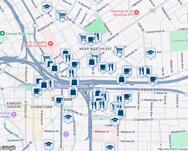 map of restaurants, bars, coffee shops, grocery stores, and more near 304 Hawley Avenue in Syracuse
