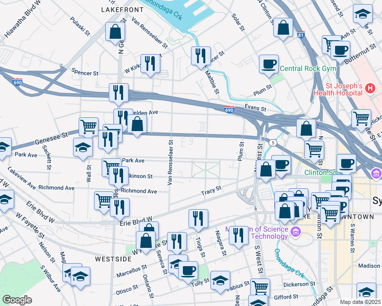 map of restaurants, bars, coffee shops, grocery stores, and more near 717 West Genesee Street in Syracuse