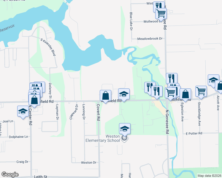 map of restaurants, bars, coffee shops, grocery stores, and more near 4285 Sugar Maple Run in Flint