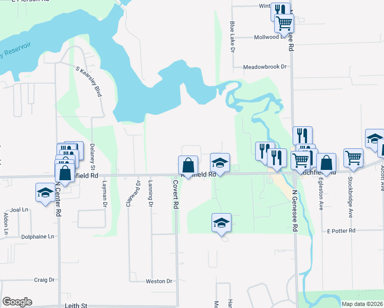 map of restaurants, bars, coffee shops, grocery stores, and more near 4255 Sugar Maple Run in Flint