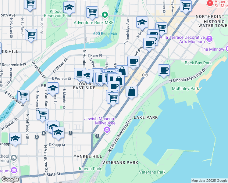 map of restaurants, bars, coffee shops, grocery stores, and more near in Milwaukee